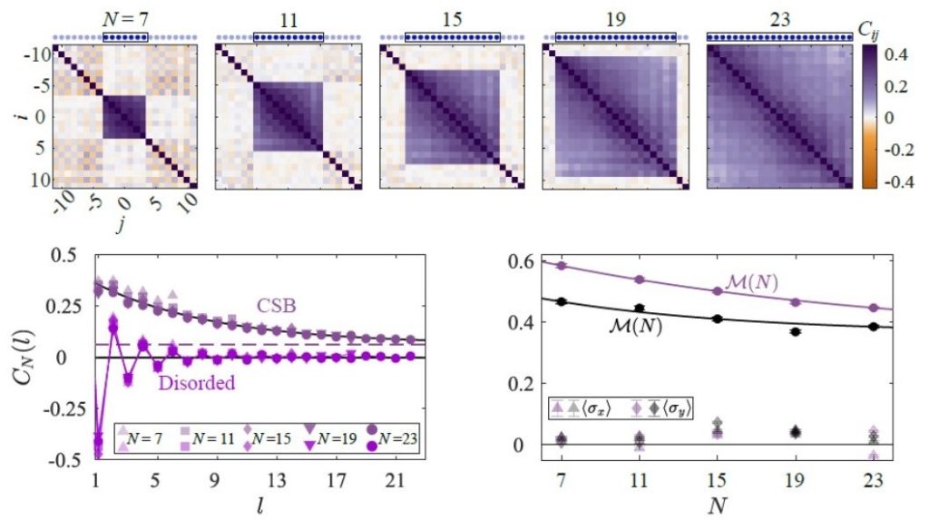 Measured correlation between N trapped ion spins after subjecting them to a manybody Ising Hamiltonian. Below shows correlation over distance and vs. N for disordered and symmetry-broken phases. 